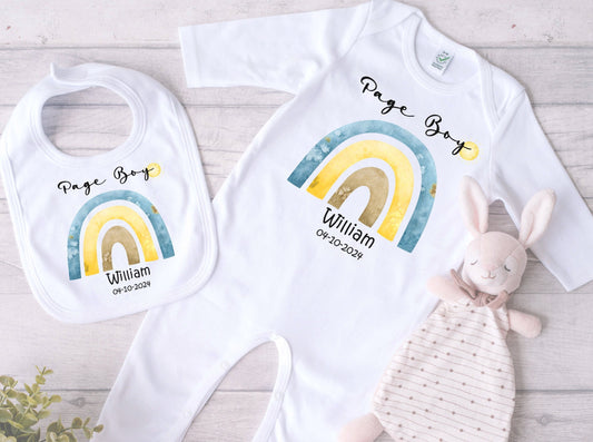 Personalised Page Boy Rainbow Theme Baby Romper Bib Set