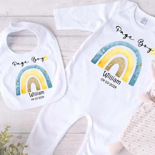 Personalised Page Boy Rainbow Theme Baby Romper Bib Set