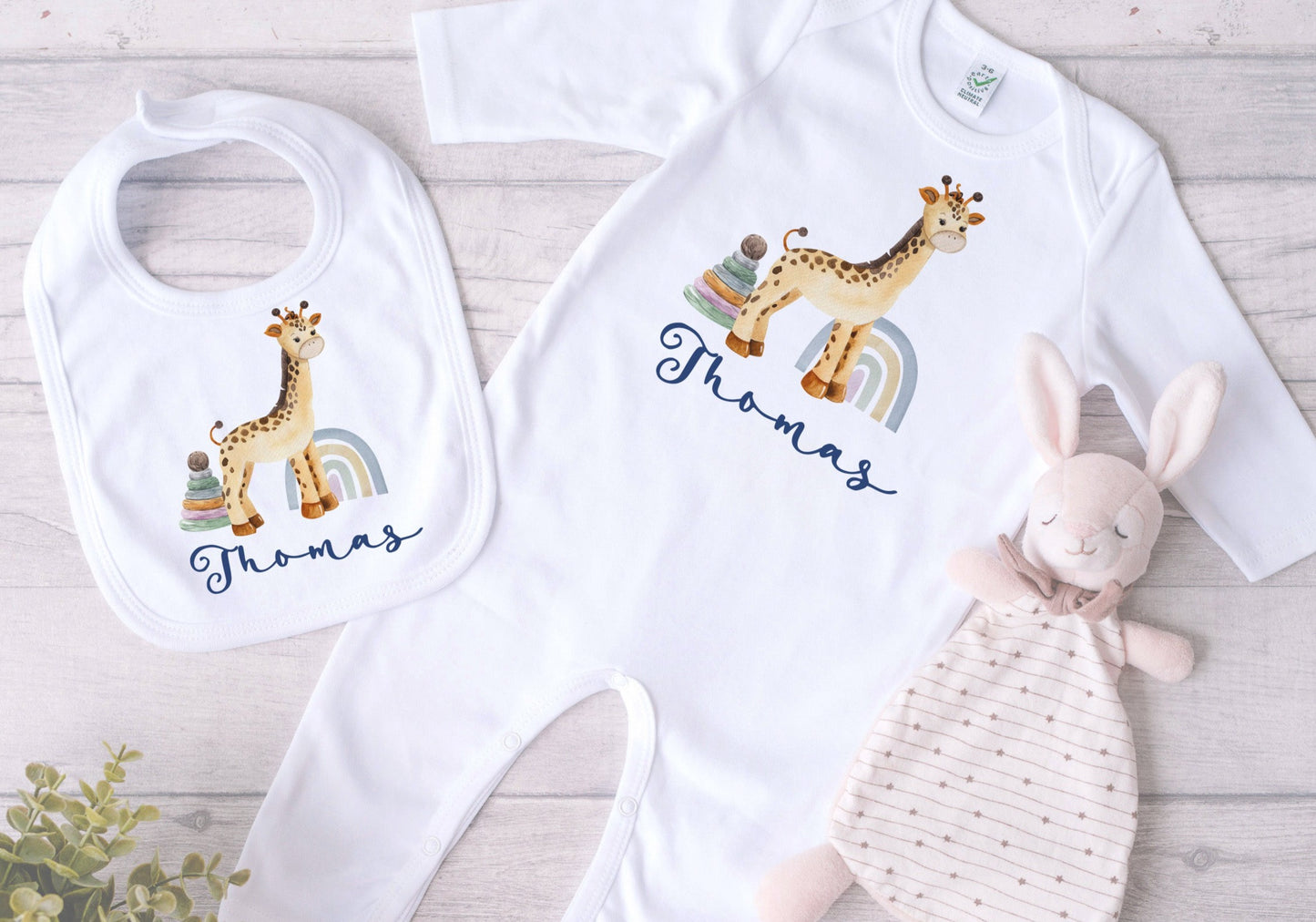 Aeroplane Giraffe Print Personalised Baby Blanket Set