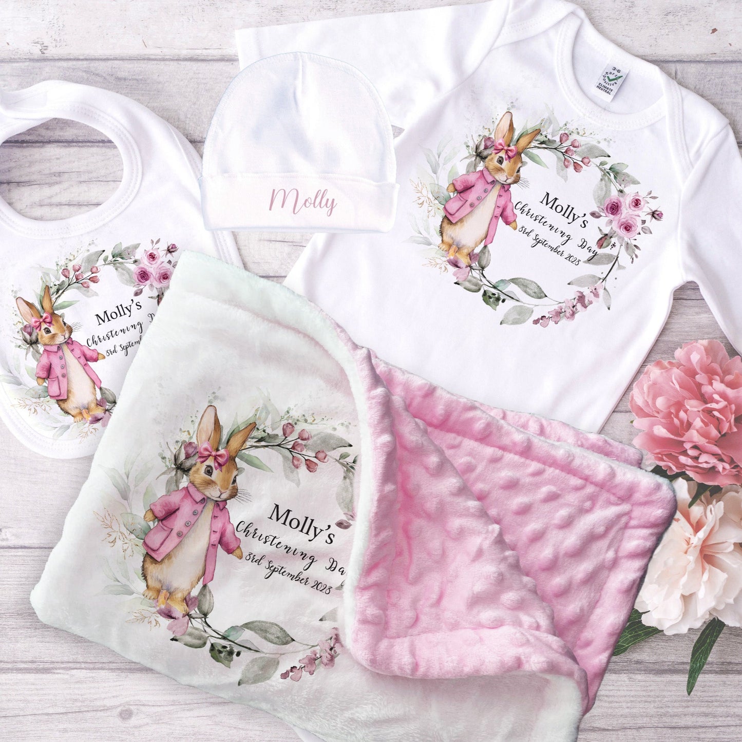 Personalised Pink Rabbit Christening Baby Outfit Gift Set