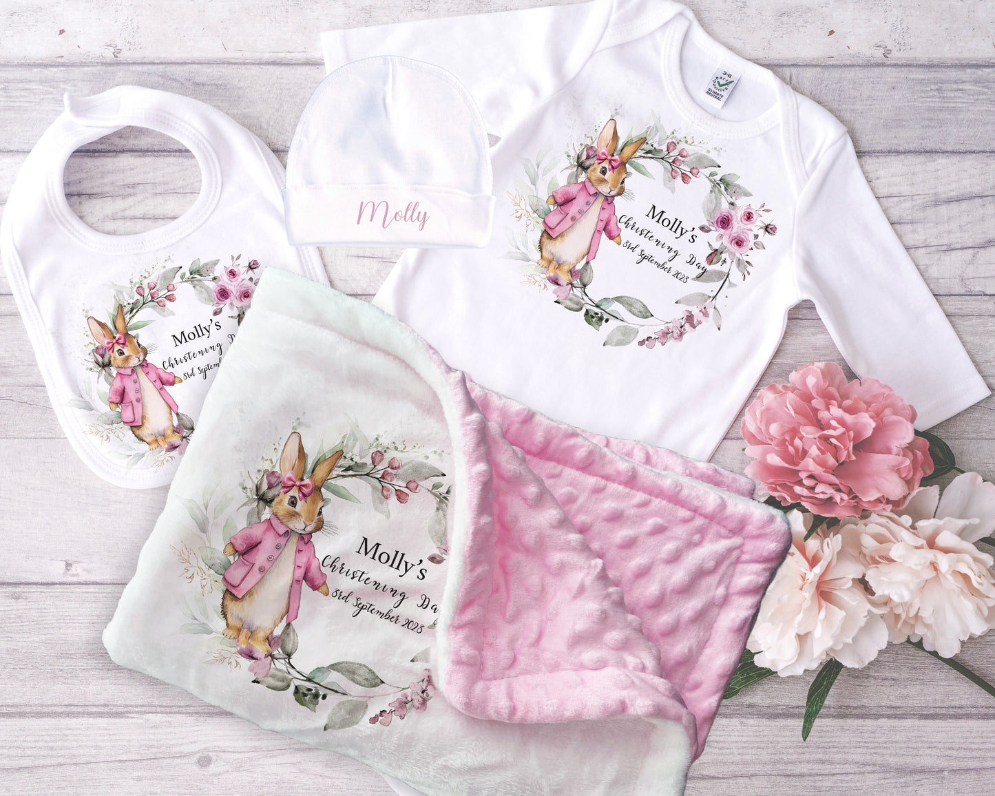 Personalised Pink Rabbit Christening Baby Outfit Gift Set