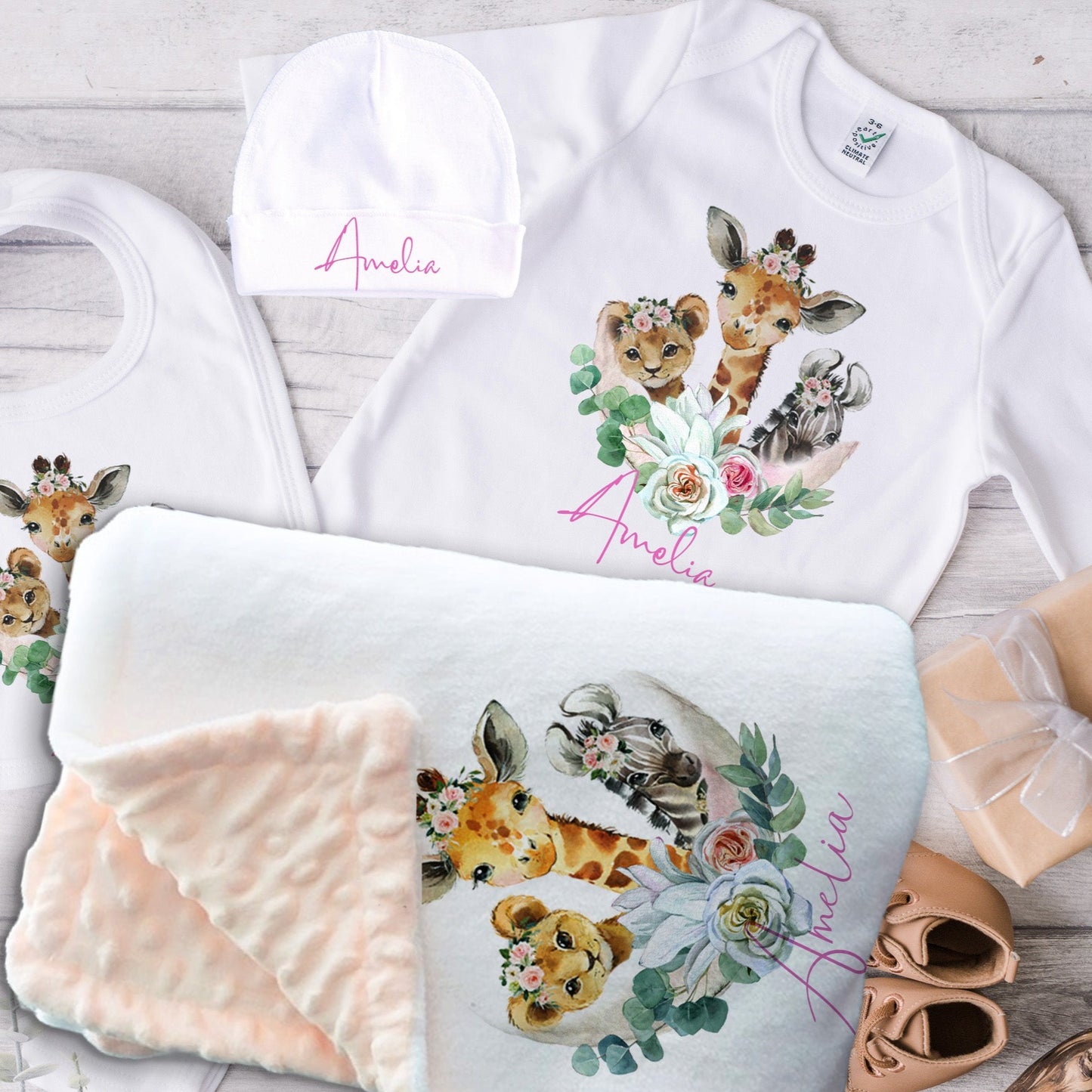 Personalised Safari Animals Baby Outfit Set