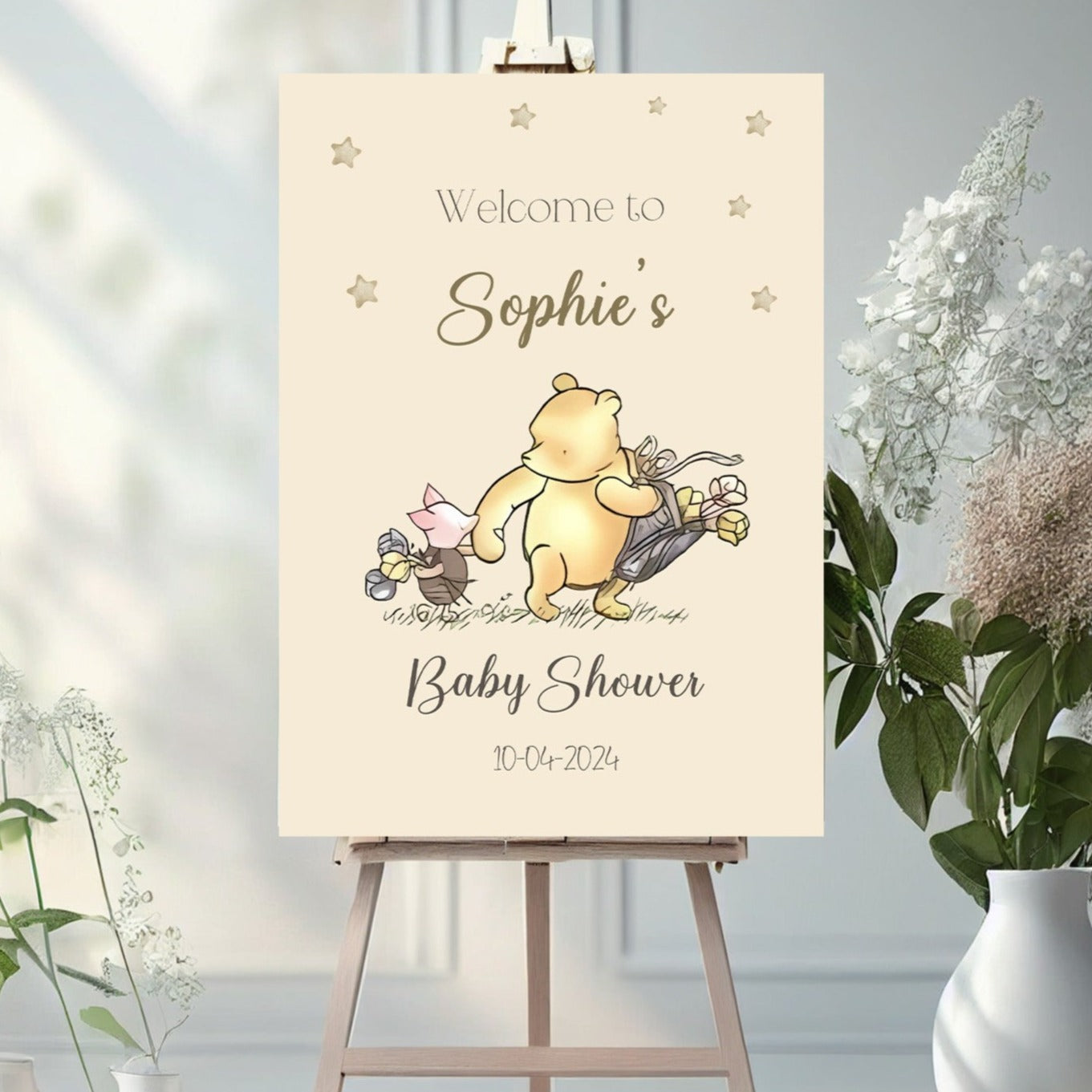 Cream Pooh Bear & Friends Baby Shower Welcome Sign