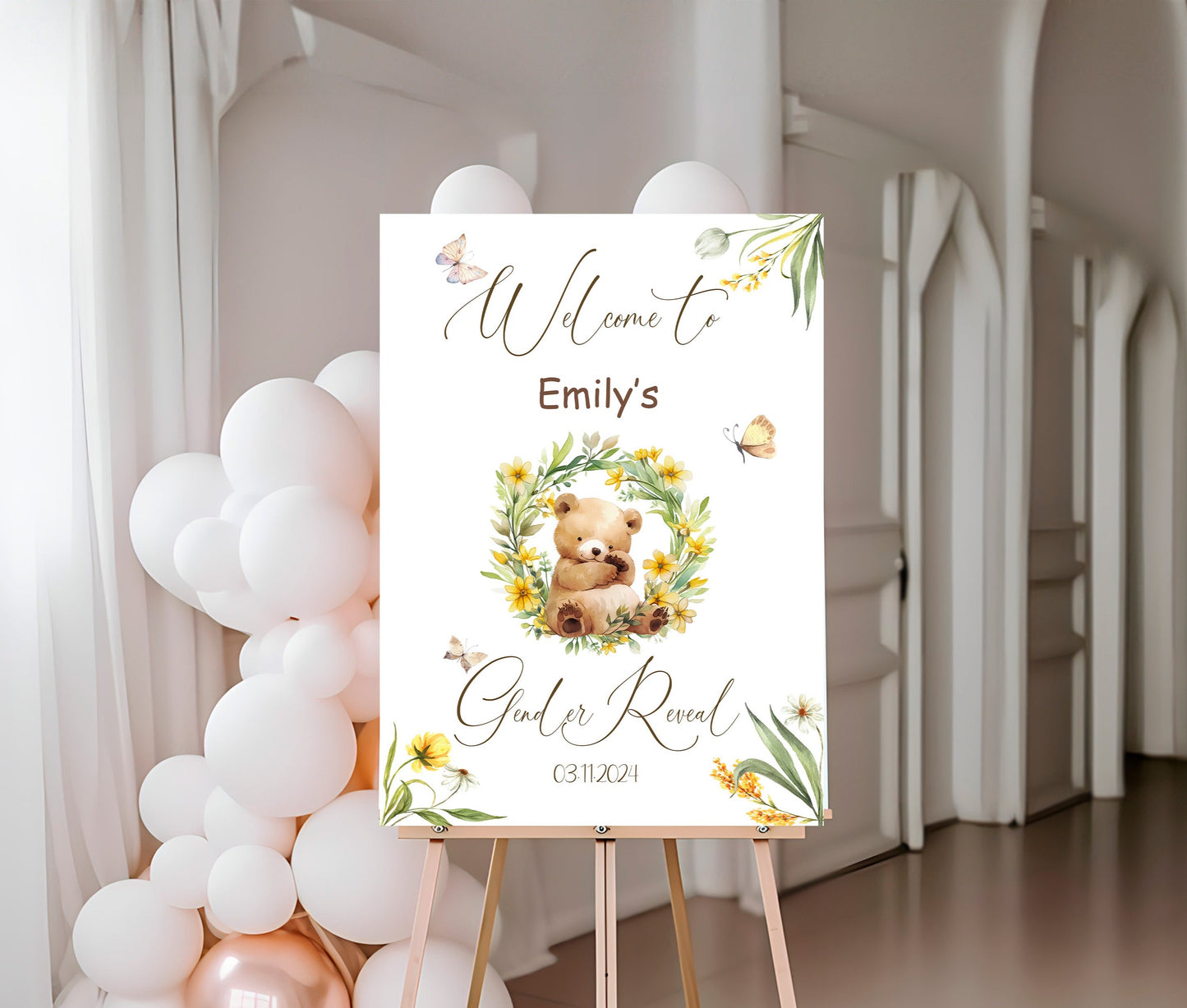 Personalised Floral Bear Gender Reveal Welcome Sign