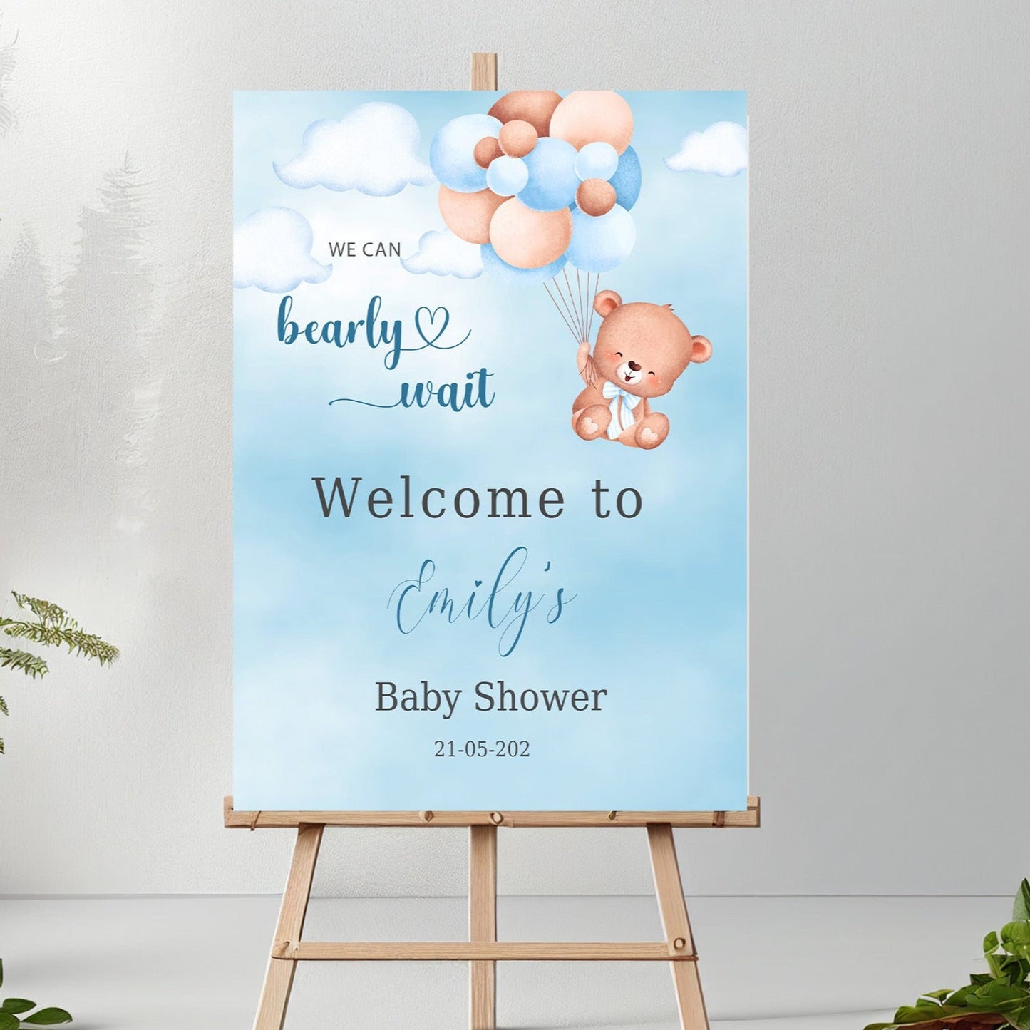 Personalised Blue Bear Balloon Baby Shower Welcome Sign