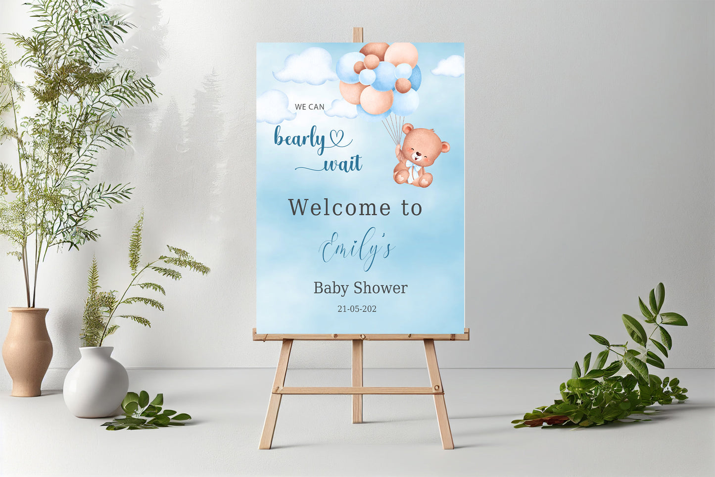 Personalised Blue Bear Balloon Baby Shower Welcome Sign