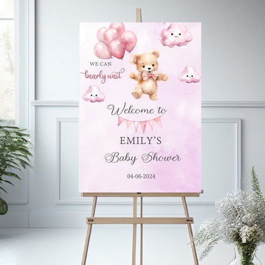 Cute Pink Bear Balloon Baby Shower Welcome Sign