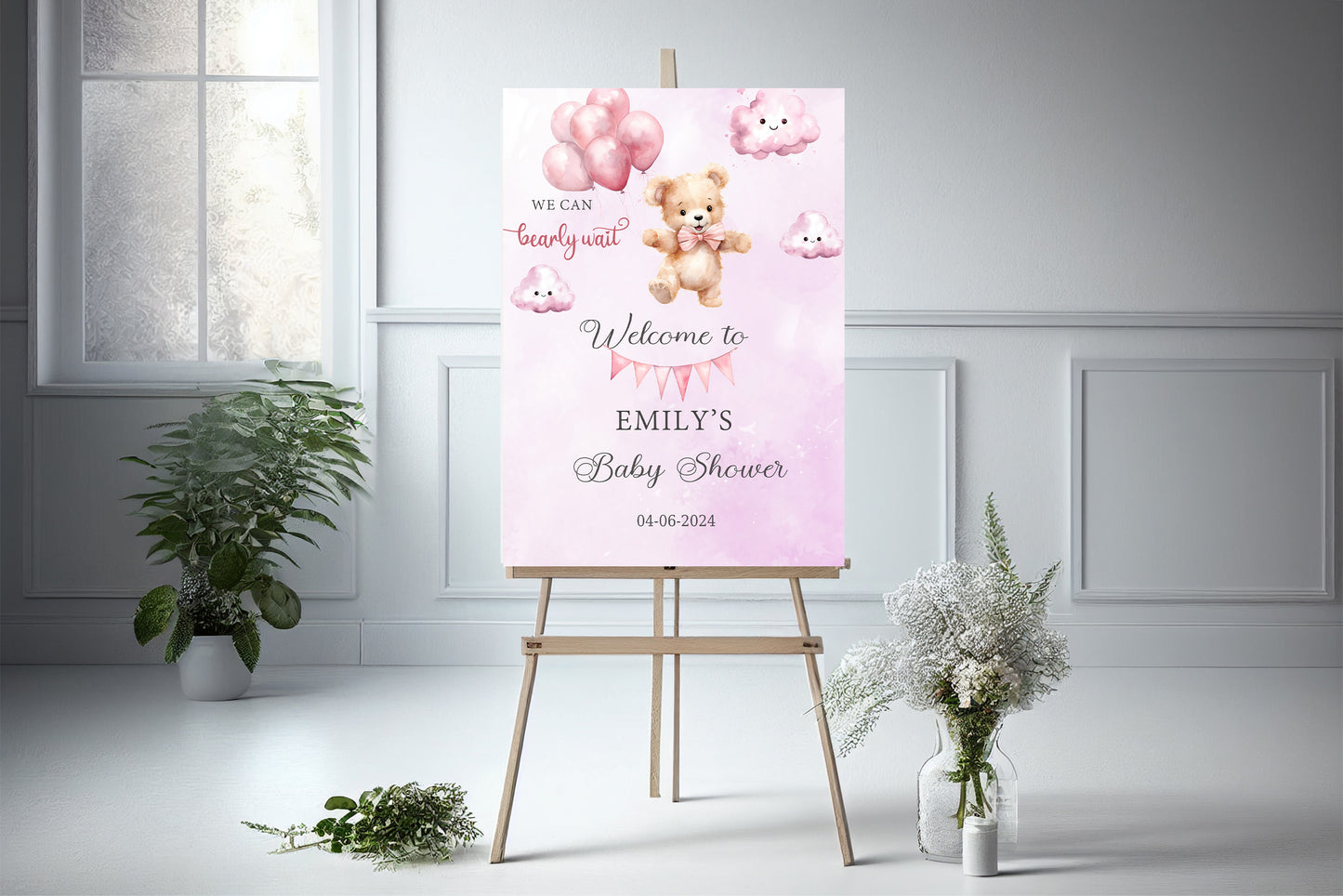 Cute Pink Bear Balloon Baby Shower Welcome Sign