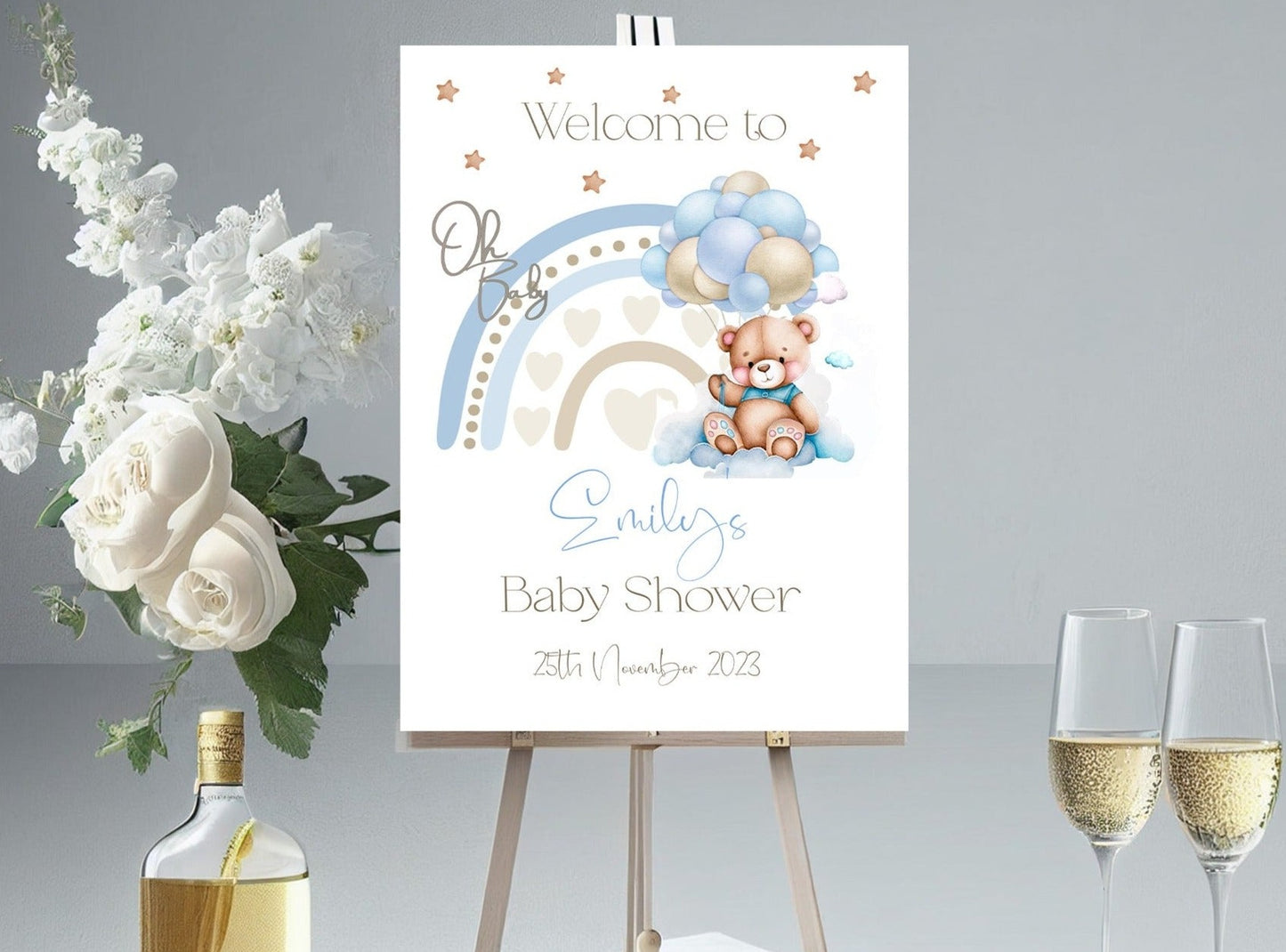 Blue Bear Balloon Baby Shower Welcome Sign