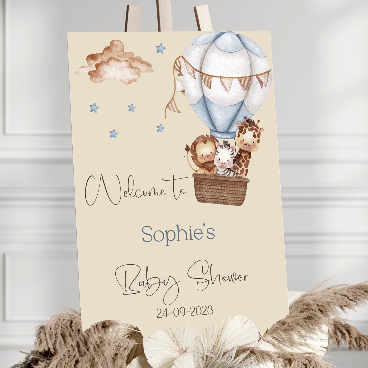 Safari Animals in Hot Air Balloon Baby Shower Welcome Sign