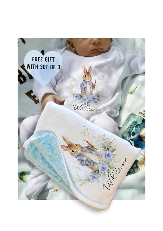 Personalised Floral Blue Rabbit Baby Blanket Romper Set
