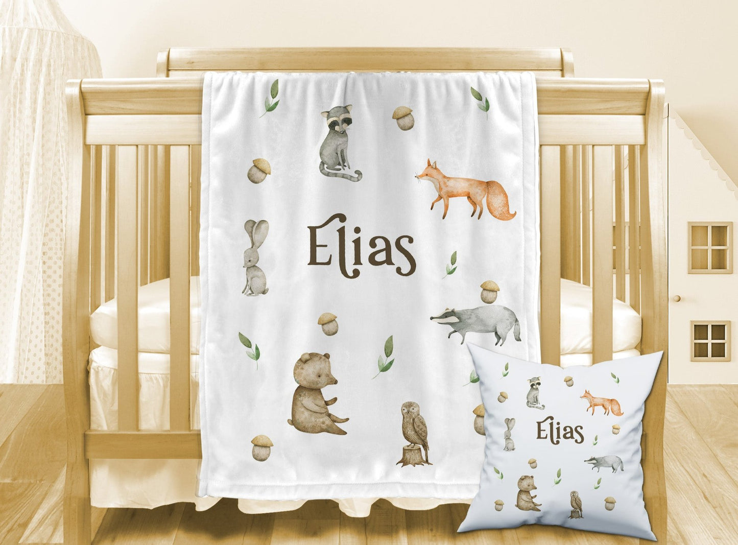 Woodland Animals- Personalised Baby Blanket Cushion Romper Set