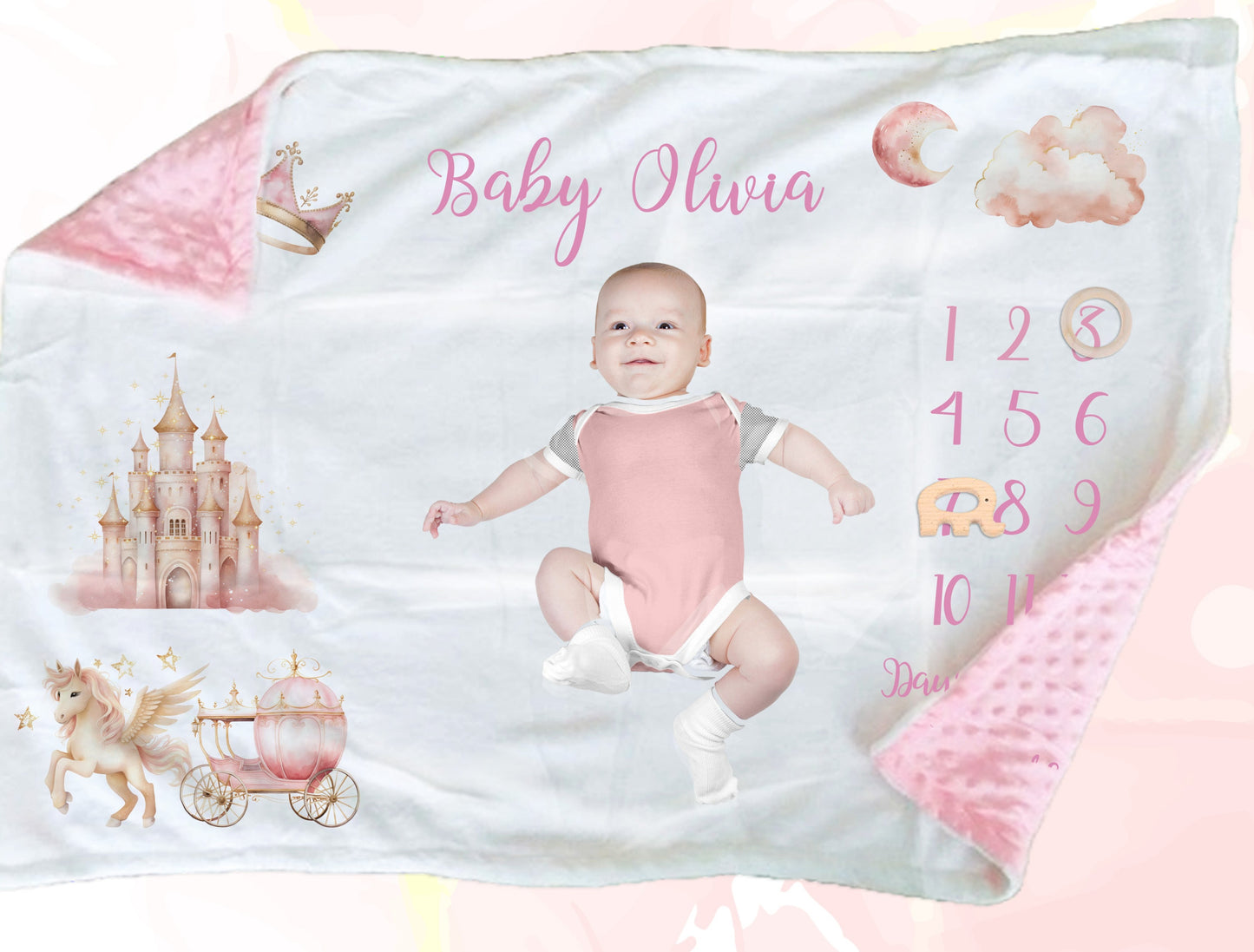 Personalised Pink  Fairy Tale Milestone Baby Blanket Gift Set