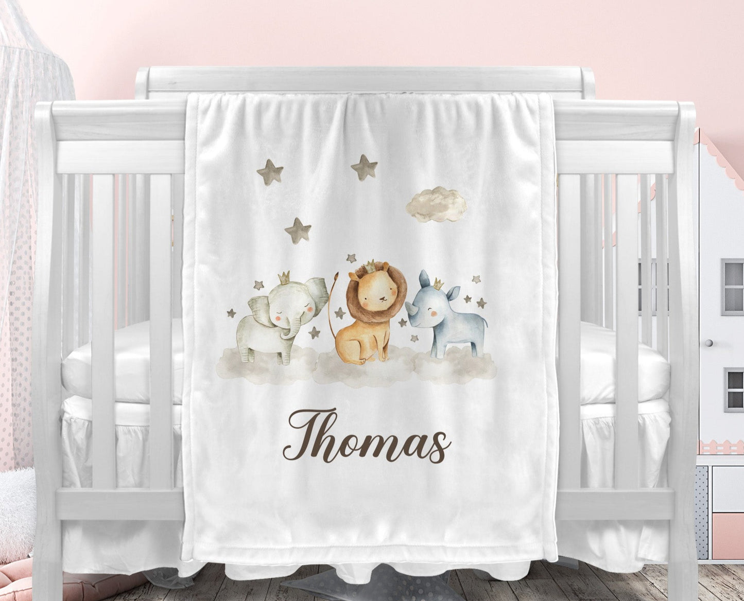 Safari Animals Print Personalised Baby Blanket Set