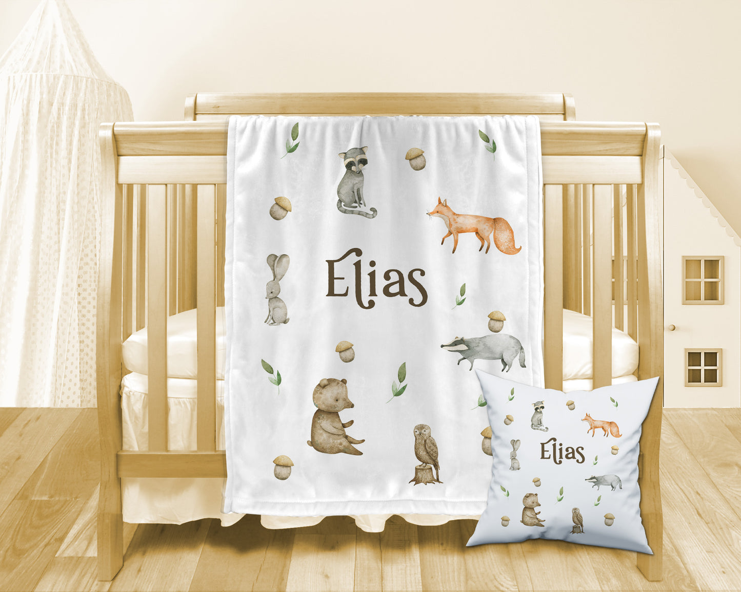 Woodland Animals- Personalised Baby Blanket Cushion Romper Set