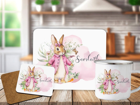 Personalised Pink Floral  Rabbit Placemat Coaster Mug Gift Set