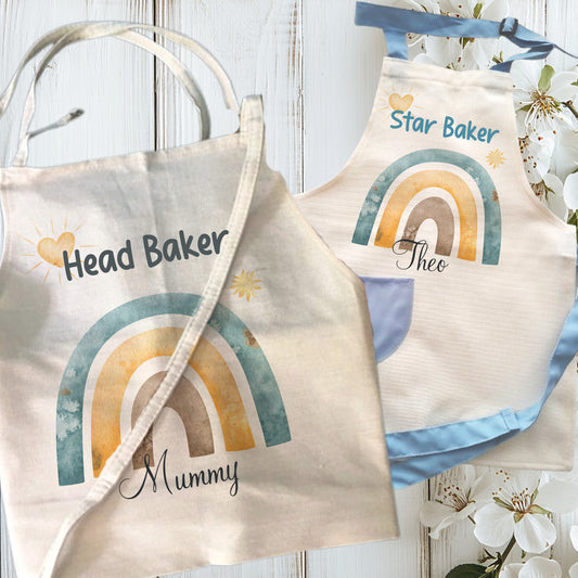 Personalised Kids baking Together Rainbow Theme Linen Baking Gift