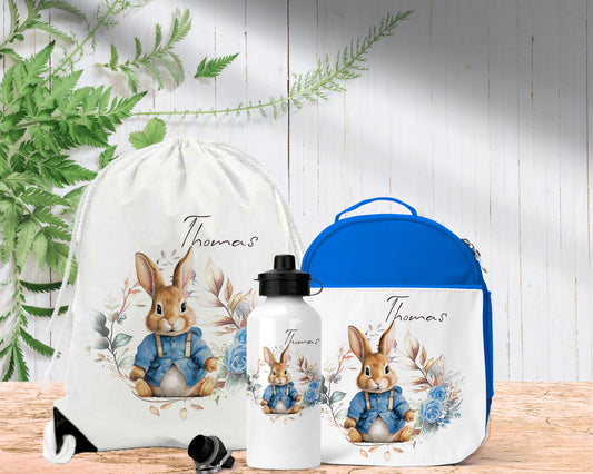 Cute Bunny Personalised Lunch Bag Bottle PE Set