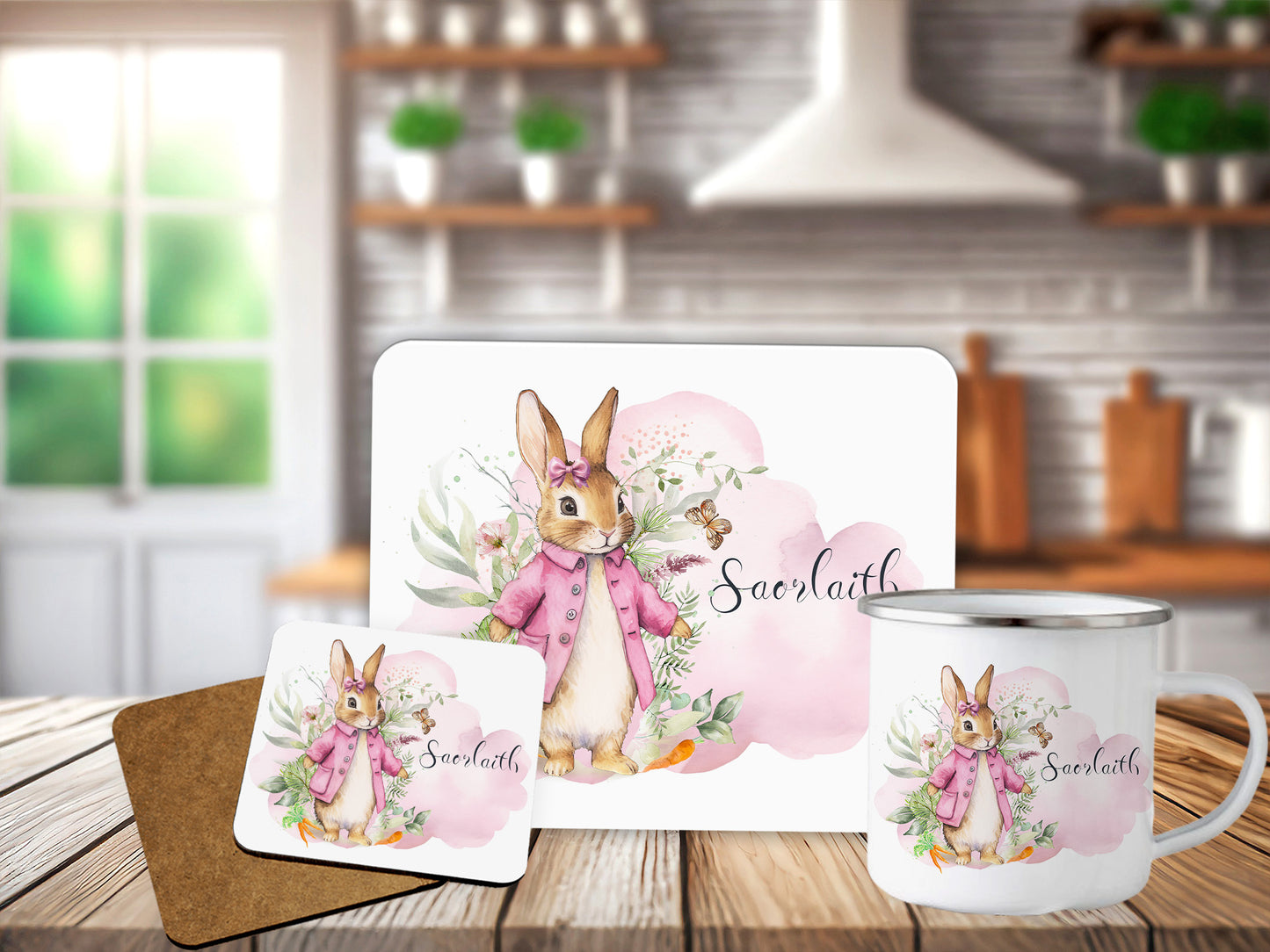 Personalised Pink Floral  Rabbit Placemat Coaster Mug Gift Set