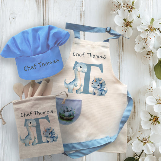 Dino Design Personalised Kids Linen Blue pocket Baking Gift