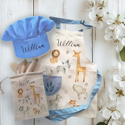 Safari Design Personalised Kids Linen Blue pocket Baking Gift