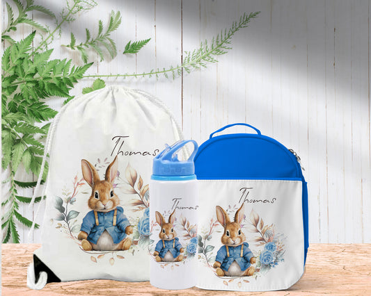 Unique Cute Bunny Personalised Lunch Bag Bottle PE Set