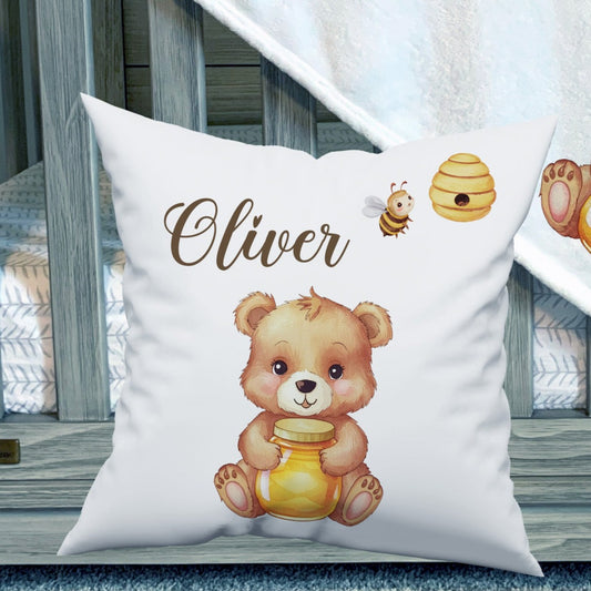 Cute Honey Bear - Personalised Baby Blanket Cushion Toy Bag Set