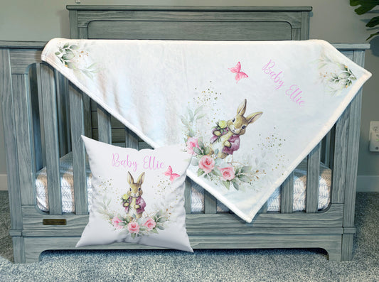 Personalised Pink Floral Bunny Baby Blanket Cushion Gift