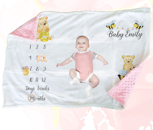 Personalised Honey Bear Milestone Baby Blanket Gift Set