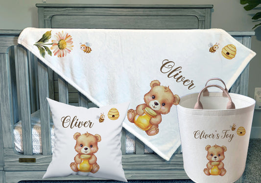 Cute Honey Bear - Personalised Baby Blanket Cushion Toy Bag Set