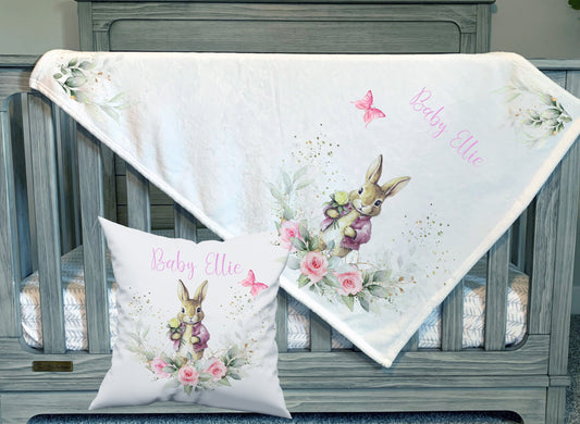 Personalised Pink Floral Bunny Baby Blanket Cushion Gift