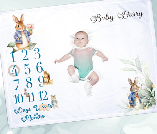 Blue Bunny - Personalised Milestone Baby Blanket Gift Set