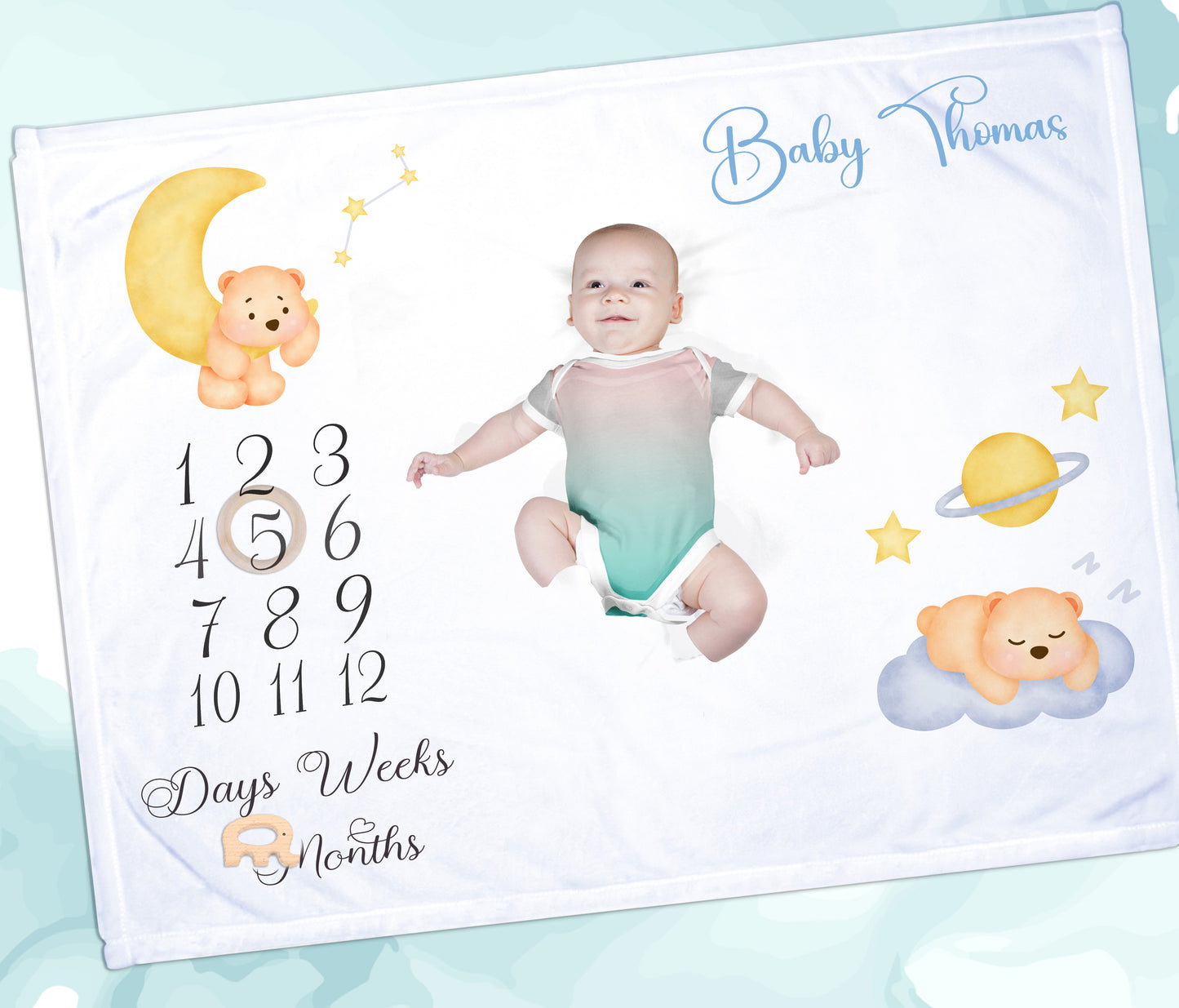 Personalised  Nigh time Bear Milestone Baby Blanket Gift Set