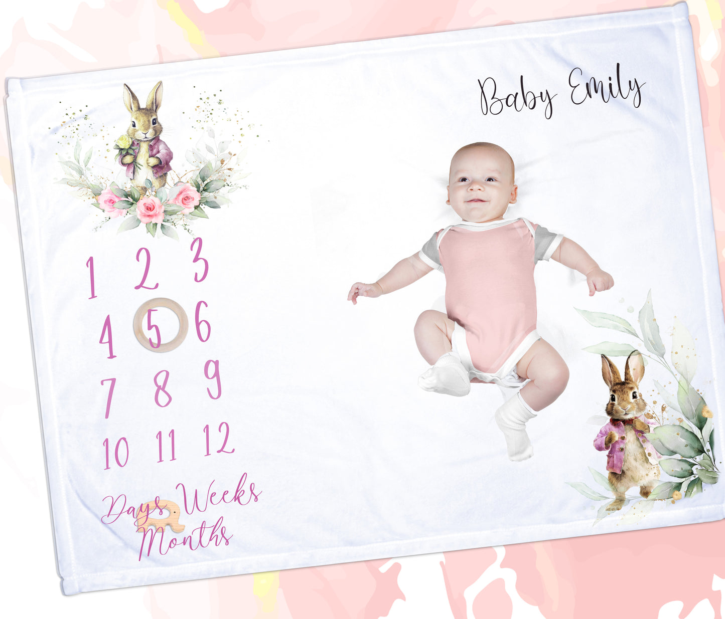 Pink Bunny  Floral Milestone Baby Blanket Gift Set