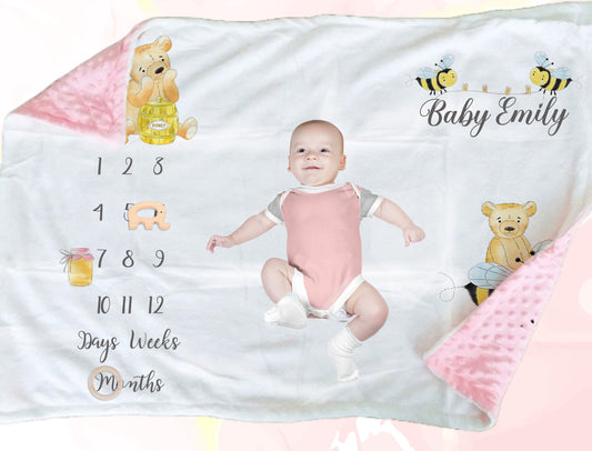 Personalised Honey Bear Milestone Baby Blanket Gift Set