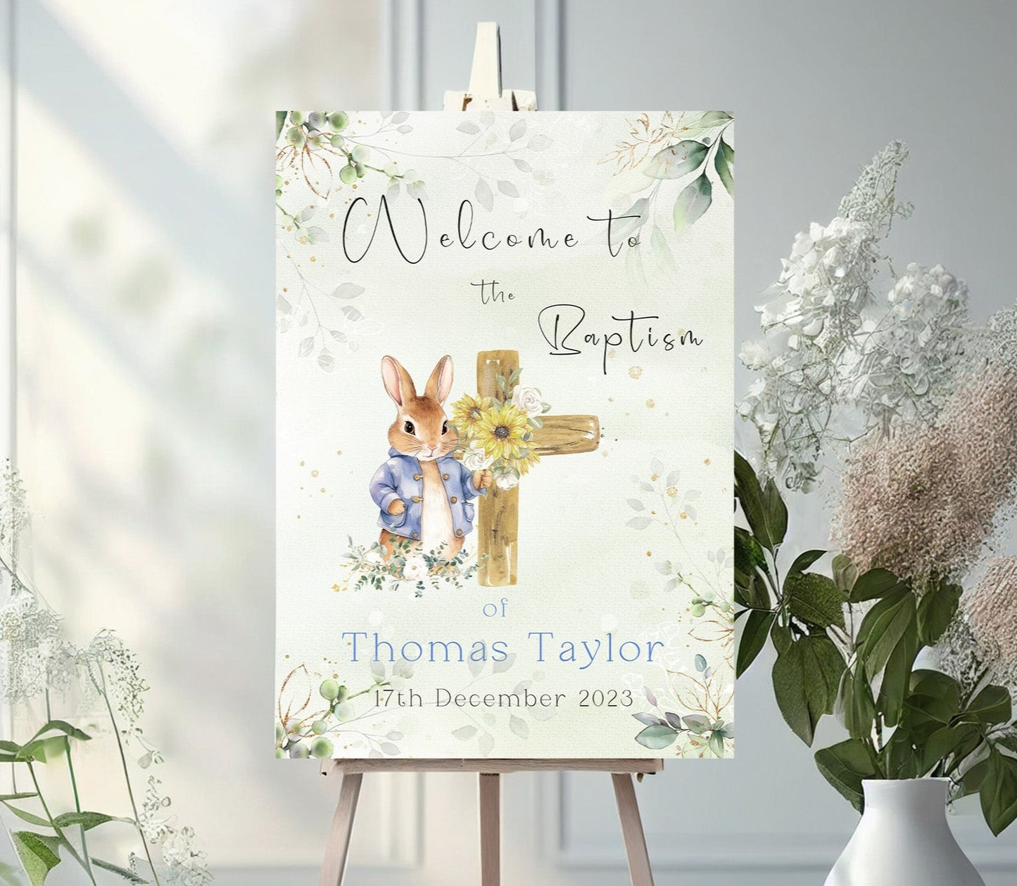 Blue Bunny Christening Welcome Sign Banner