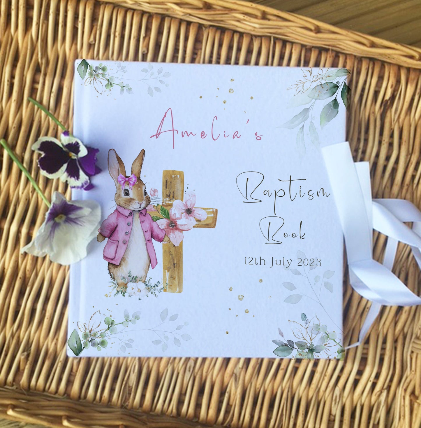 Pink Floral Bunny Personalised Christening Guestbook with Ribbon