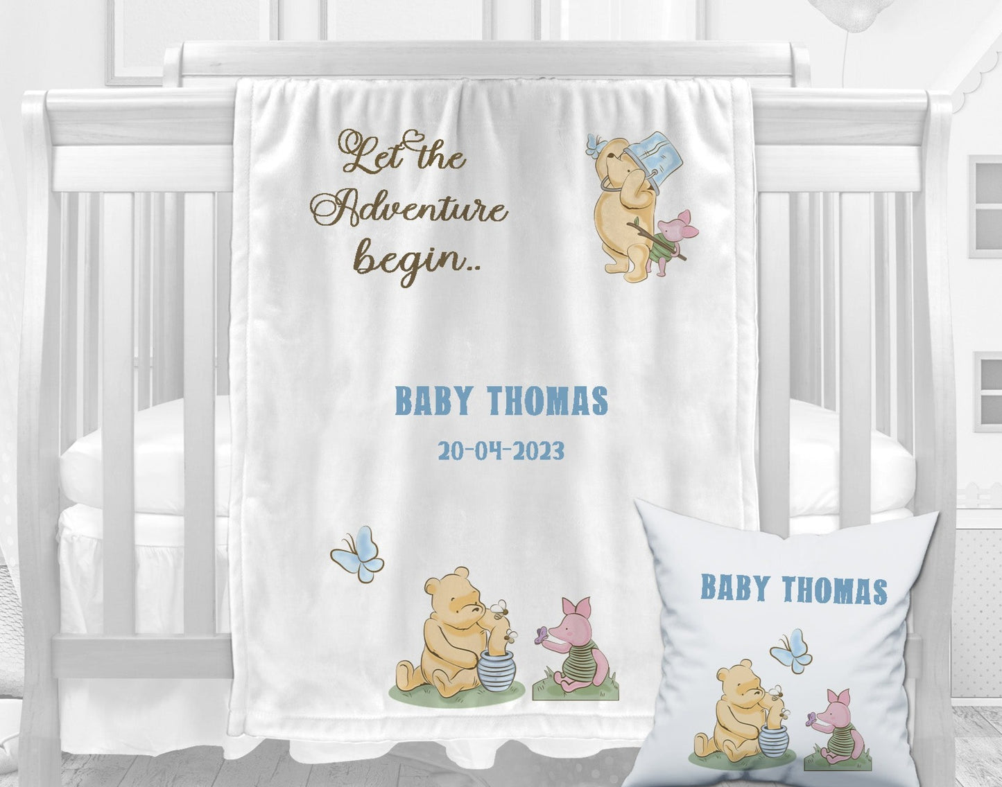 Pooh Bear and Pig Design Personalised Baby Blanket Set