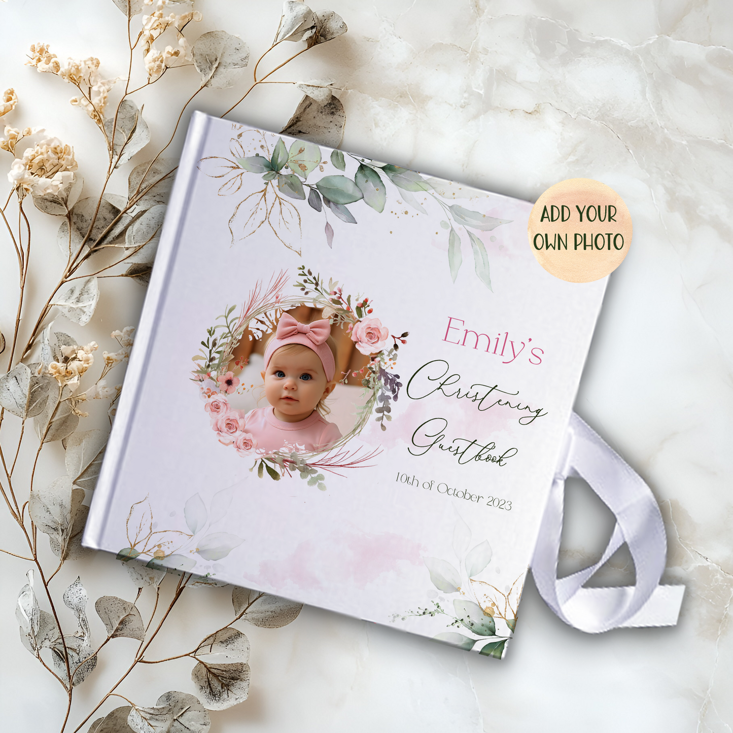 Add Your Own Photo Christening Guestbook with Ribbon