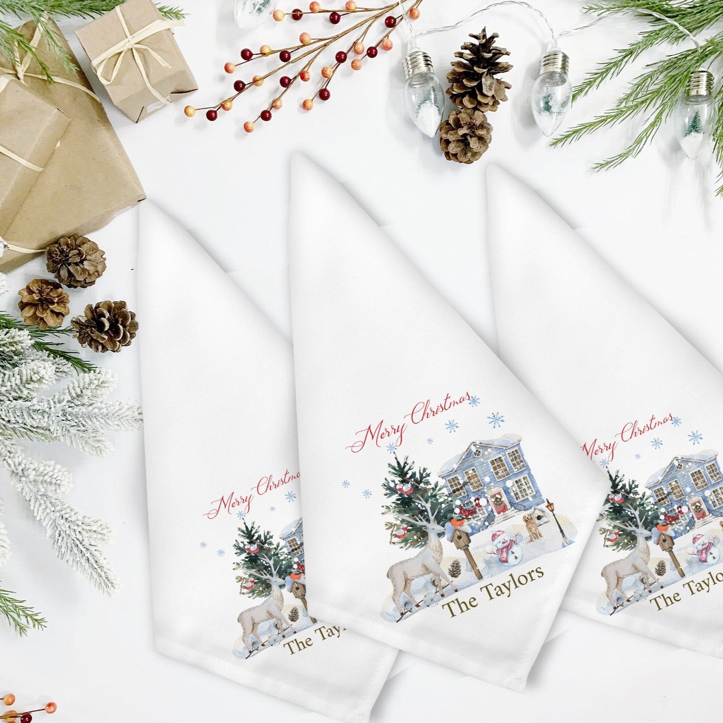 Personalised Rain Deer Christmas Landscape Design Napkin Set