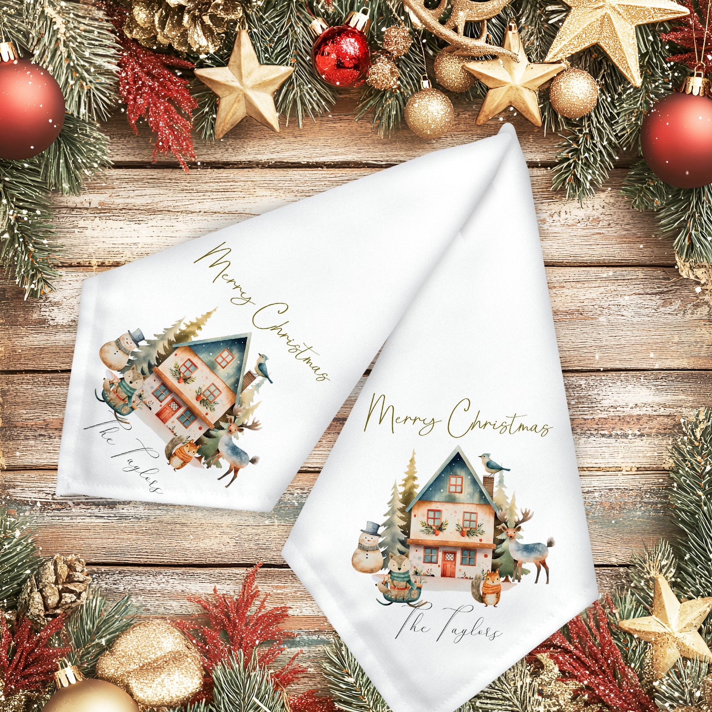 Personalised Vintage Christmas Landscape Design Napkin Set