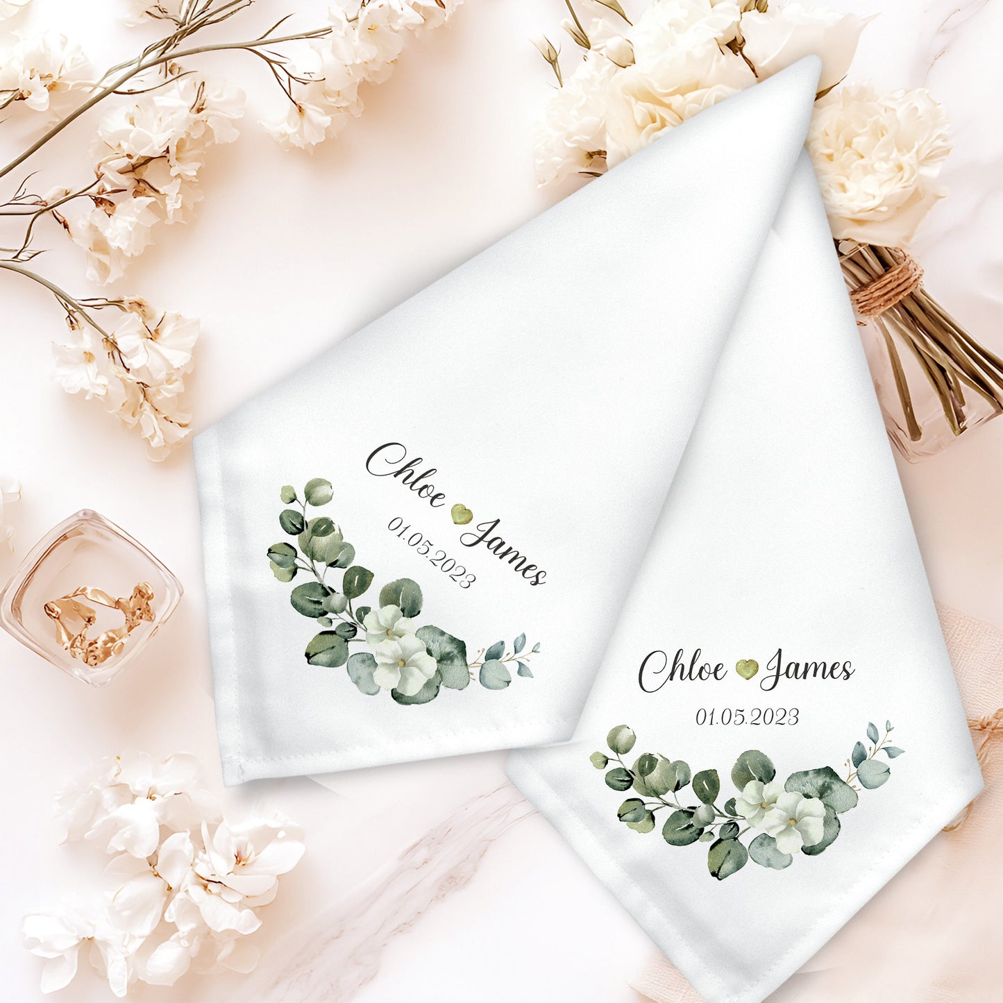 Eucalyptus Green Elegant Couple's Personalised Wedding Napkin Set