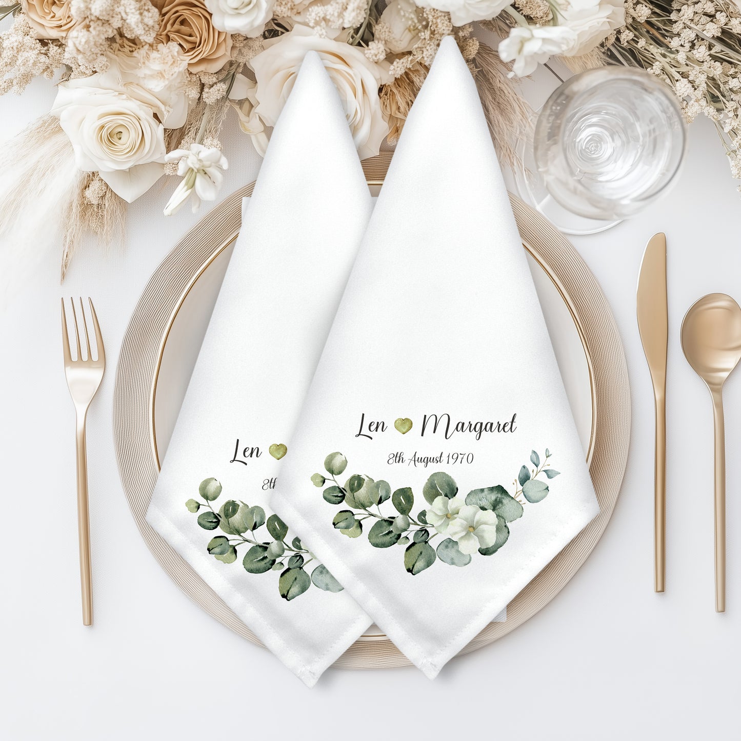 Eucalyptus Green Elegant Couple's Personalised Wedding Napkin Set