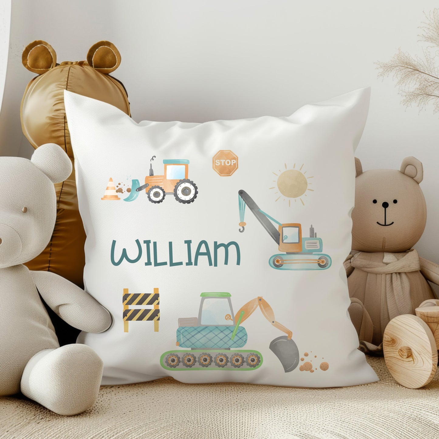 Personalised Construction Theme Nursery Cushion