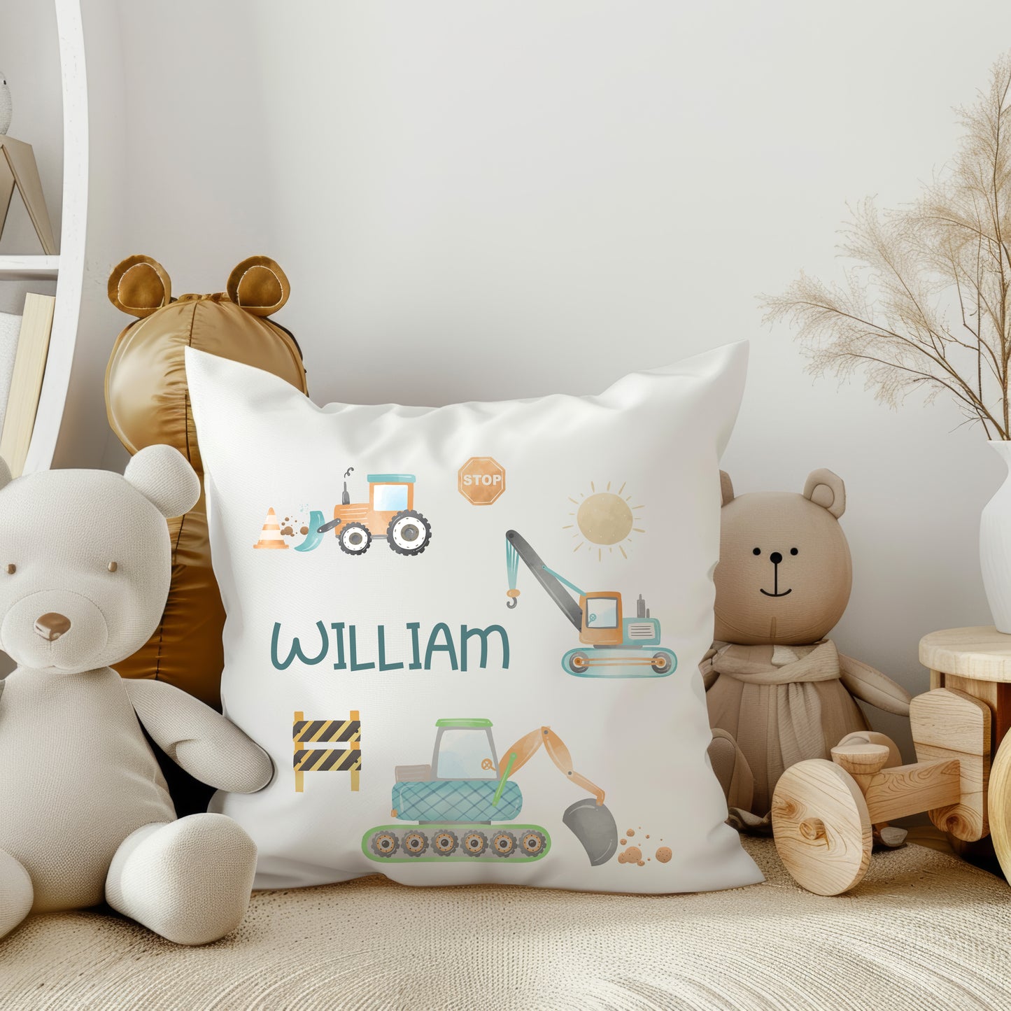 Personalised Construction Theme Nursery Cushion