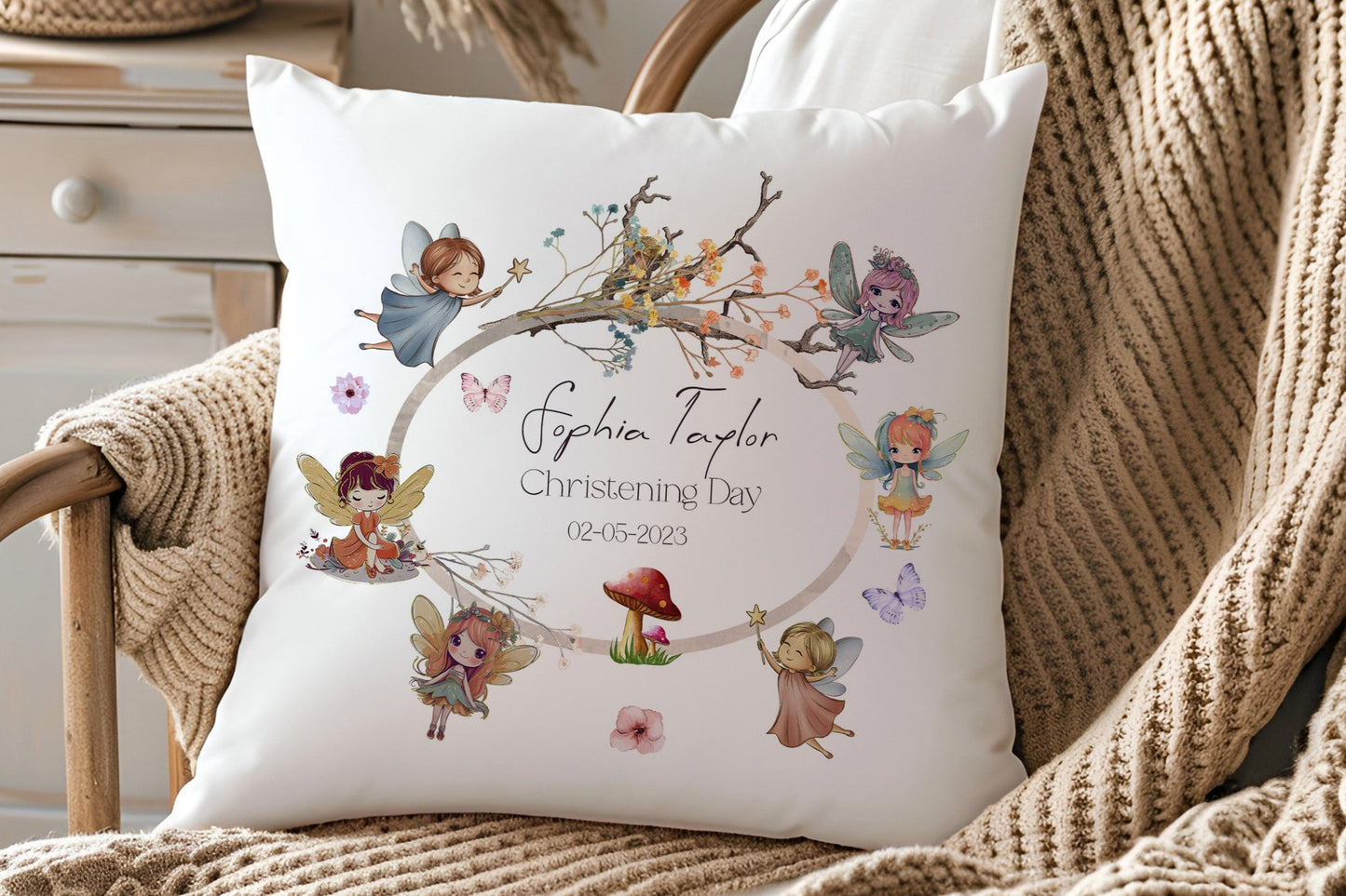 Dancing Fairy Personalised Christening Gift Cushion