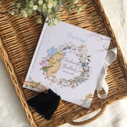 Personalised Pooh Bear Wild Flower Christening Guestbook with Ribbon