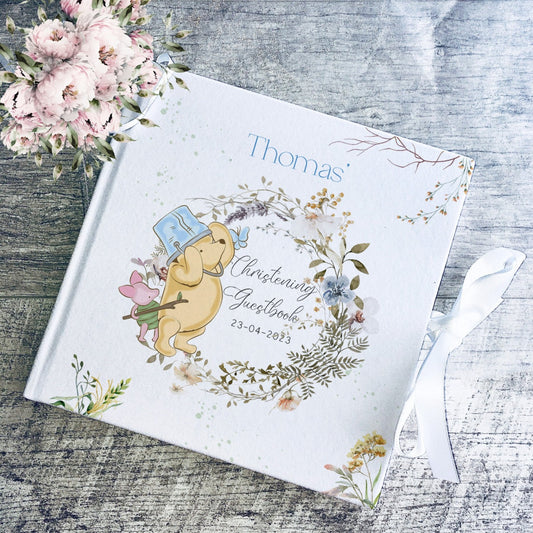 Personalised Pooh Bear Wild Flower Christening Guestbook with Ribbon