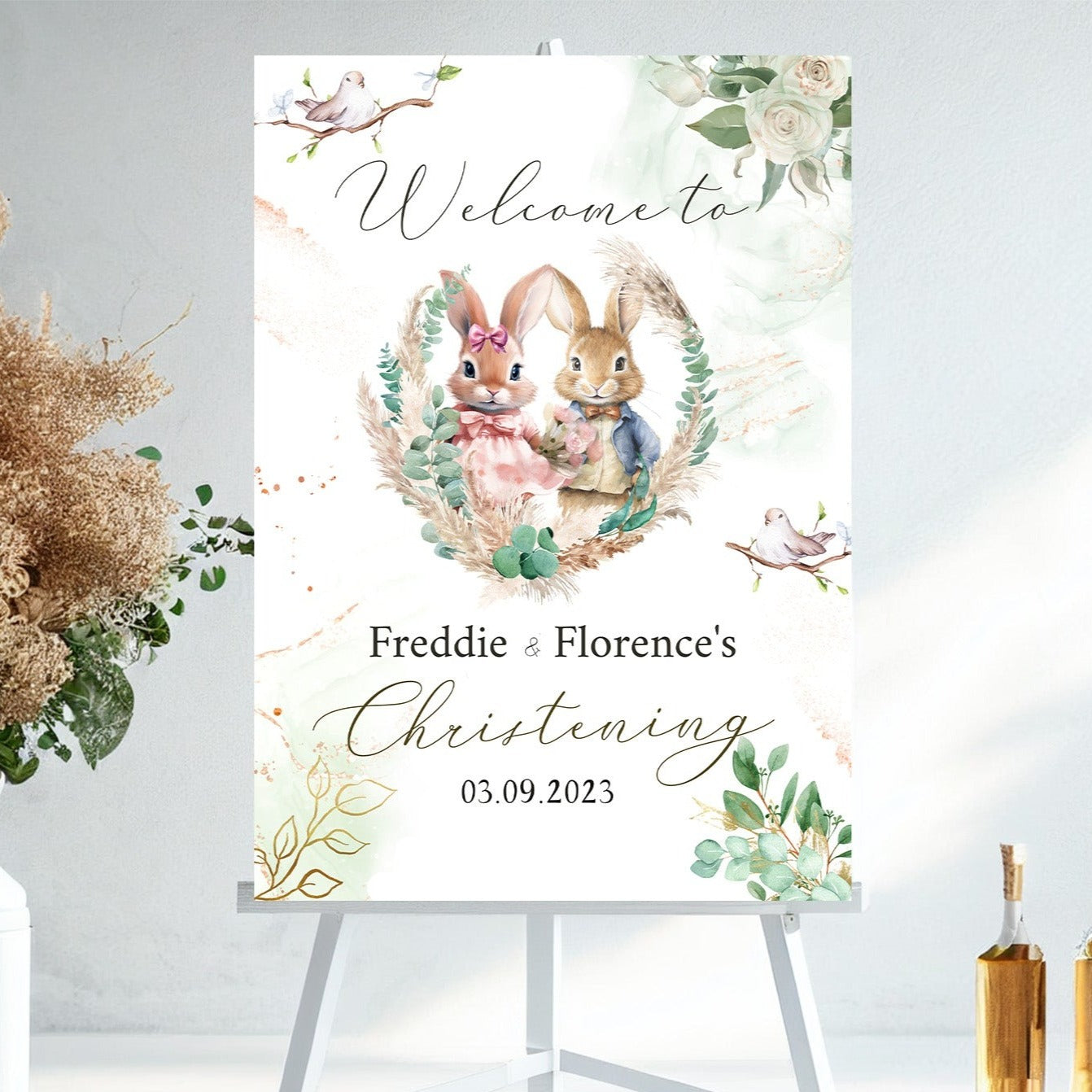 Twins Rabbit Christening Welcome Banner