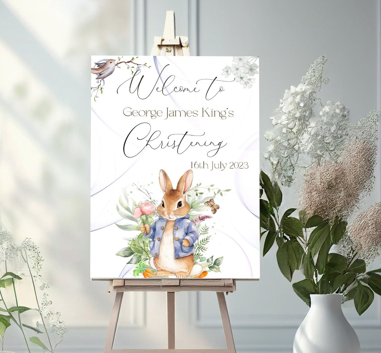 Blue Rabbit Christening Welcome Sign Banner